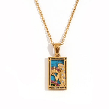 Fashion Tarot Necklace With Rhinestones Diamond Set Pendant Stainless Steel Rectangular Drip Necklace Jewelry