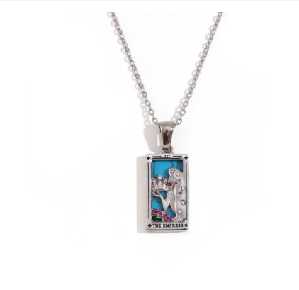 Fashion Tarot Necklace With Rhinestones Diamond Set Pendant Stainless Steel Rectangular Drip Necklace Jewelry